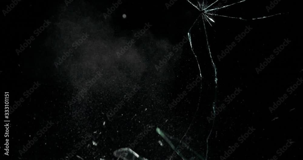 Broken cracks glass fracture effect texture isolated abstract black background. Bullet cracked window with big hole screen mirror weapon shot.