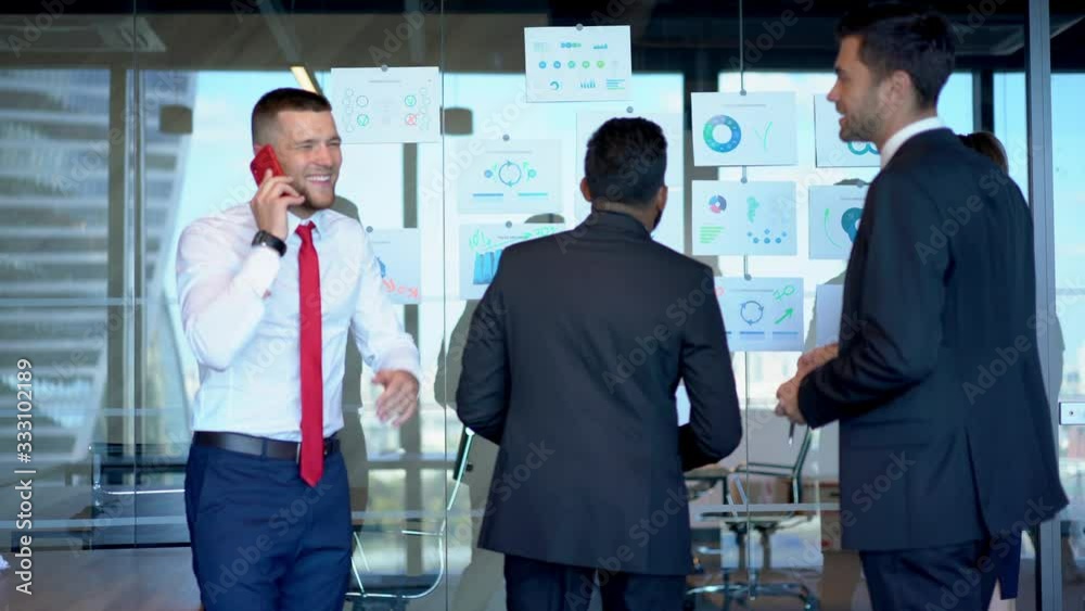 Formally dressed crew of startupers analyzing capital investment in corporate workspace talking during collaboration for brainstorming, confident director phoning to operator for service consultancy