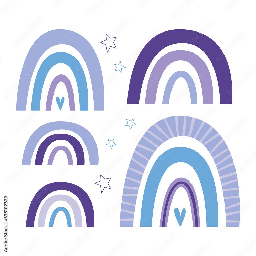 Cute nursery rainbow, stars, scandinavian fun print. Pastel purple colours. Creative scandinavian kids texture for poster, fabric, wrapping, textile, wallpaper, apparel. Vector flat illustration Cute nursery rainbow, stars, scandinavian fun print. Pastel purple colours. Creative scandinavian kids texture for poster, fabric, wrapping, textile, wallpaper, apparel. Vector flat illustration