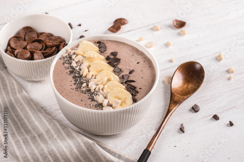 Chocolate Banana Protein Smoothie Bowl with chia seeds