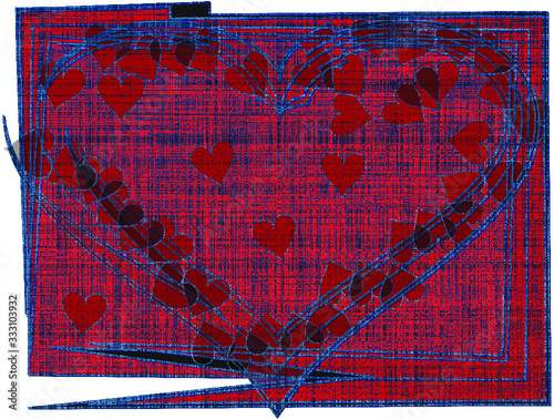Abstrakt Herz Karten Design, rot blau mit Stoff-Struktur und Rahmen