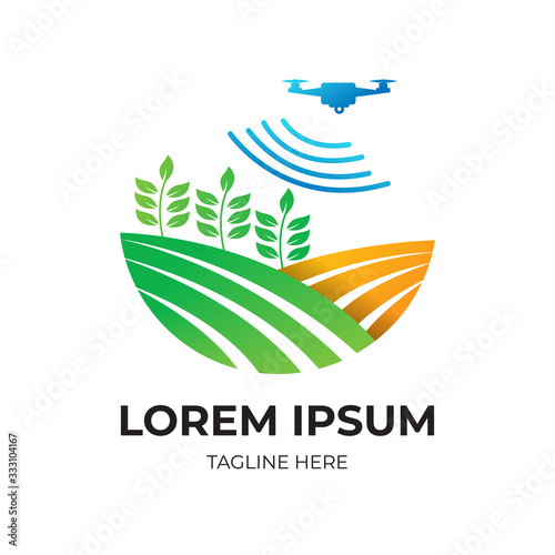 Agriculture Logo with Crop and Drone and Signal  Inside Vector Template