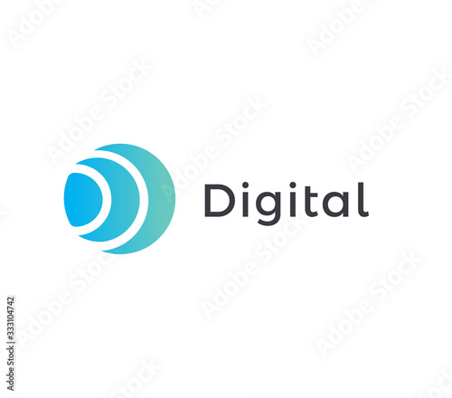 Abstract waves icon, blue radio waves. Moon phases logo template, arc flat abstract emblem. Concept logotype design for digital technology. Vector logo.
