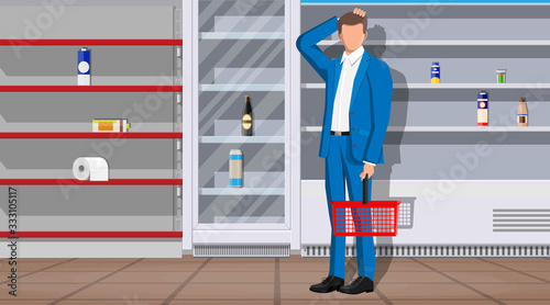 Desperate customer in supermarket with empty shelves. Empty basket, food hoarding. No food or necessities in store. Financial crisis, war epidemic virus. Panic of Coronavirus. Flat vector illustration