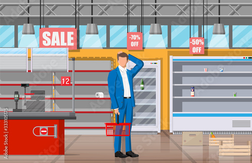Desperate customer in supermarket with empty shelves. Empty basket, food hoarding. No food or necessities in store. Financial crisis, war epidemic virus. Panic of Coronavirus. Flat vector illustration