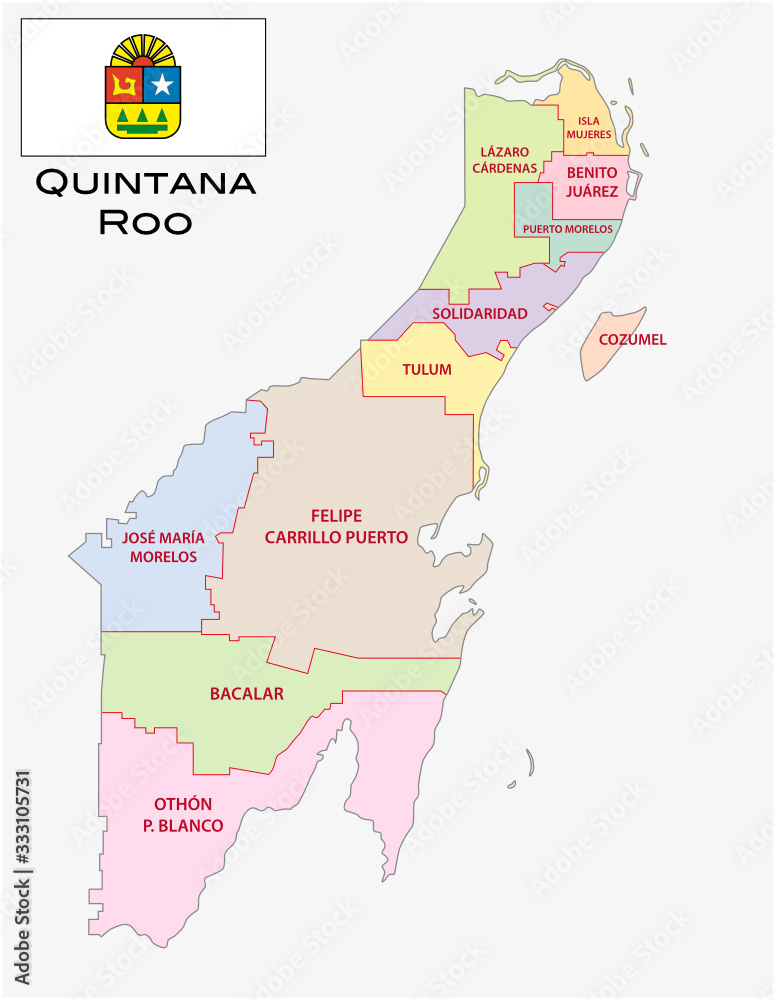 Quintana Roo, administrative and political vector map with flag, mexico