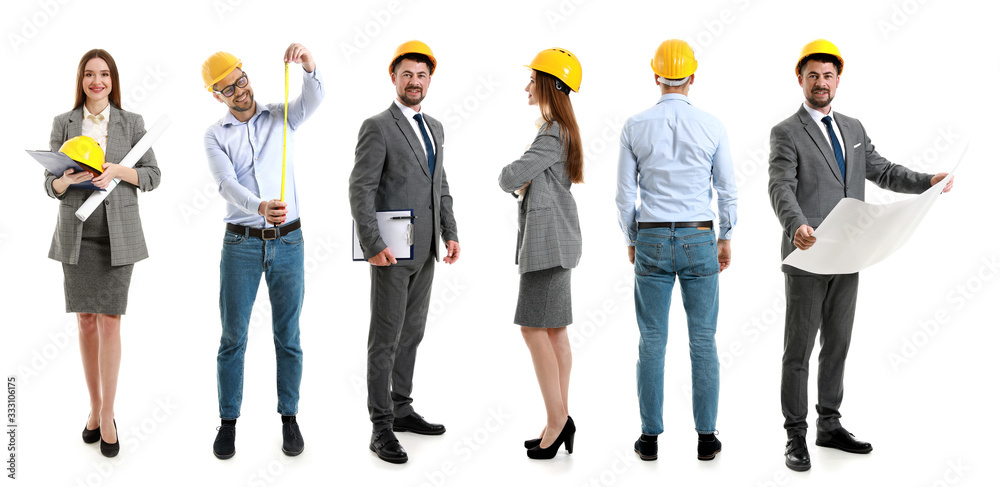 Obraz premium Different engineers on white background
