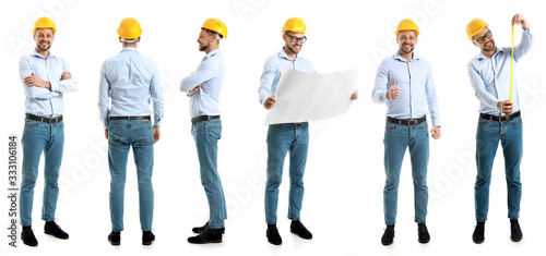 Collage with male engineer on white background photo