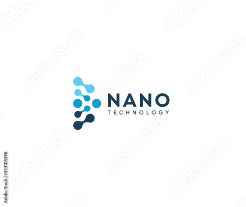 Abstract nano icon, blue circles in semicircle. Dotted logo template, flat abstract emblem. Concept logotype design for nanotech innovation and development. Science vector logo.