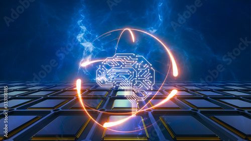 Artificial intelligence (AI) smart technology brain Concept.supercomputer equipped with the brain of AI.Quantum computer Technological.Circuit board with a brain Cpu.3d rendering.