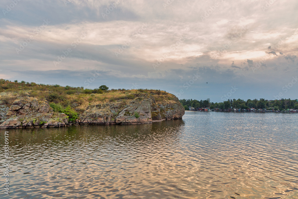 Khortytsia island rocks and fisherman village, Ukraine