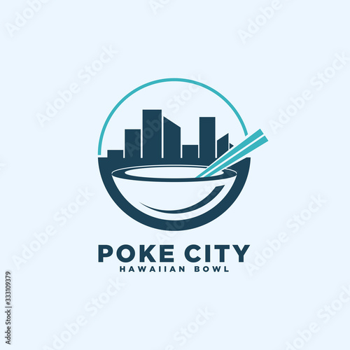 Poke Bowl Hawaiian Cuisine Restaurant Vector Design with city scape on top