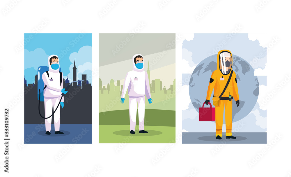 Fototapeta premium biohazard cleaning persons with sprayer characters