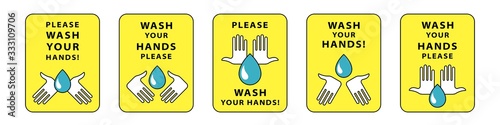 Sticker or nameplate template. Recommendations for the prevention of viral infectious diseases. A preventive measure to maintain health. Please wash your hands! Isolated vector elements.