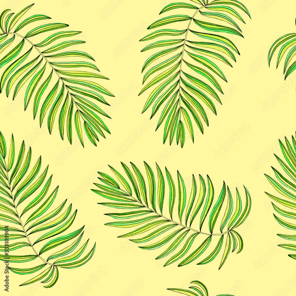seamless pattern of tropical coconut palm leaves on a soft yellow background, watercolor branch print.