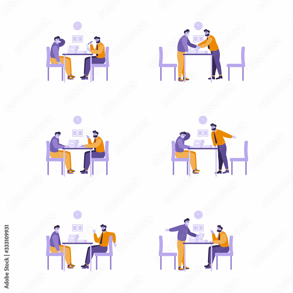 Set of illustrations - 2 man sitting at desk in various poses. Argue, chat, negotitations, talk. Meeting between business men. People discussing working issues. Flat character design.