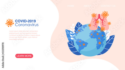 Coronavirus medical website landing page. Human Lungs and Ncov Cell. Healthcare concept design. Pandemic disease prevention web page banner. Flat cartoon vector illustration.