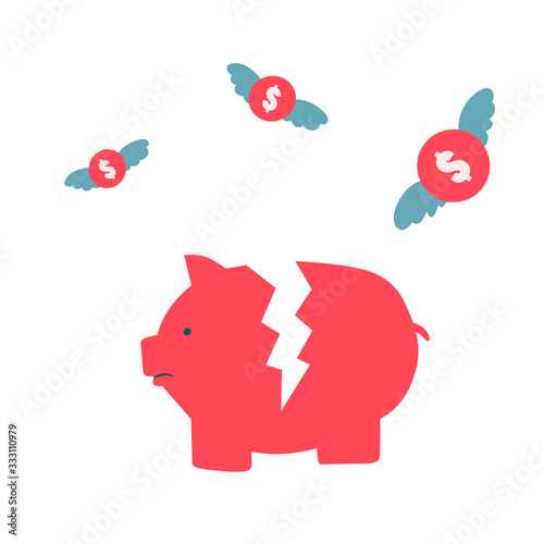 Pink piggy bank broken flat cartoon vector illustration.