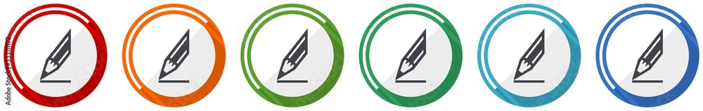 Fototapeta Pencil icon set, flat design vector illustration in 6 colors options for webdesign and mobile applications