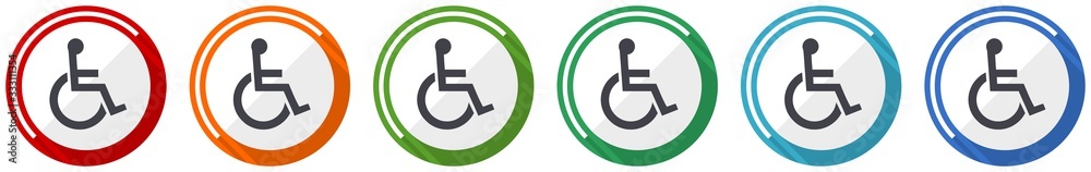 Wheelchair icon set, flat design vector illustration in 6 colors options for webdesign and mobile applications Wheelchair icon set, flat design vector illustration in 6 colors options for webdesign and mobile applications