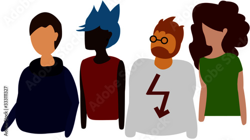 Four people of different skin colours and different sexes in vectors from the waist up in different clothes; icons, teamwork, business