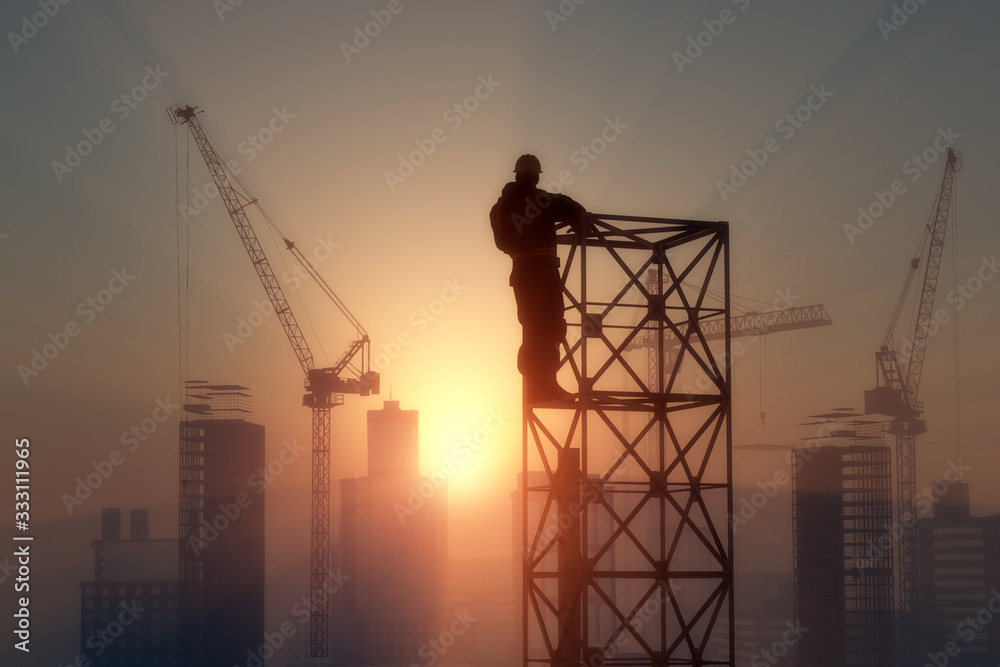 Silhouette of the worker on the rig.3d render