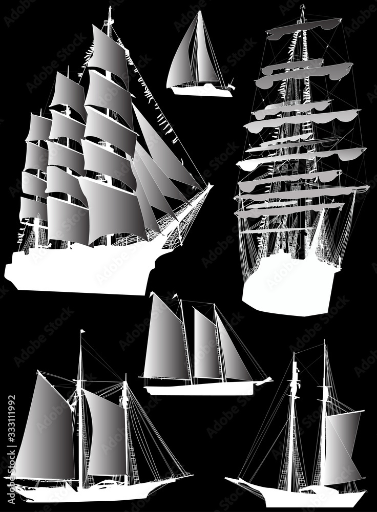 six ships with gradient sails isolated on black