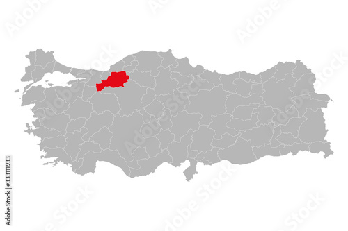 Bolu province highlighted on turkey map vector. Gray background.