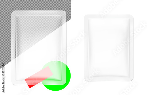 Sachet packaging for food, cosmetic and hygiene. Layered file with transparent highlights. Vector illustration on white background. Ready for your design. EPS10.	