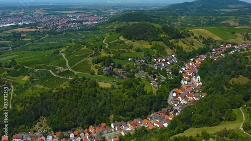 Aerial view of the castle Starkenburg beside Heppenheim in Germany. On a sunny day in Summer. photo