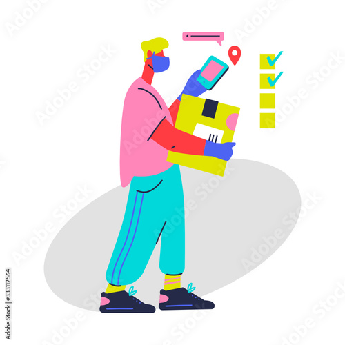 Safe food delivery. Young courier delivering order to the home of customer with mask and gloves during the coronavirus pandemic. Vector flat style cartoon illustration isolated.