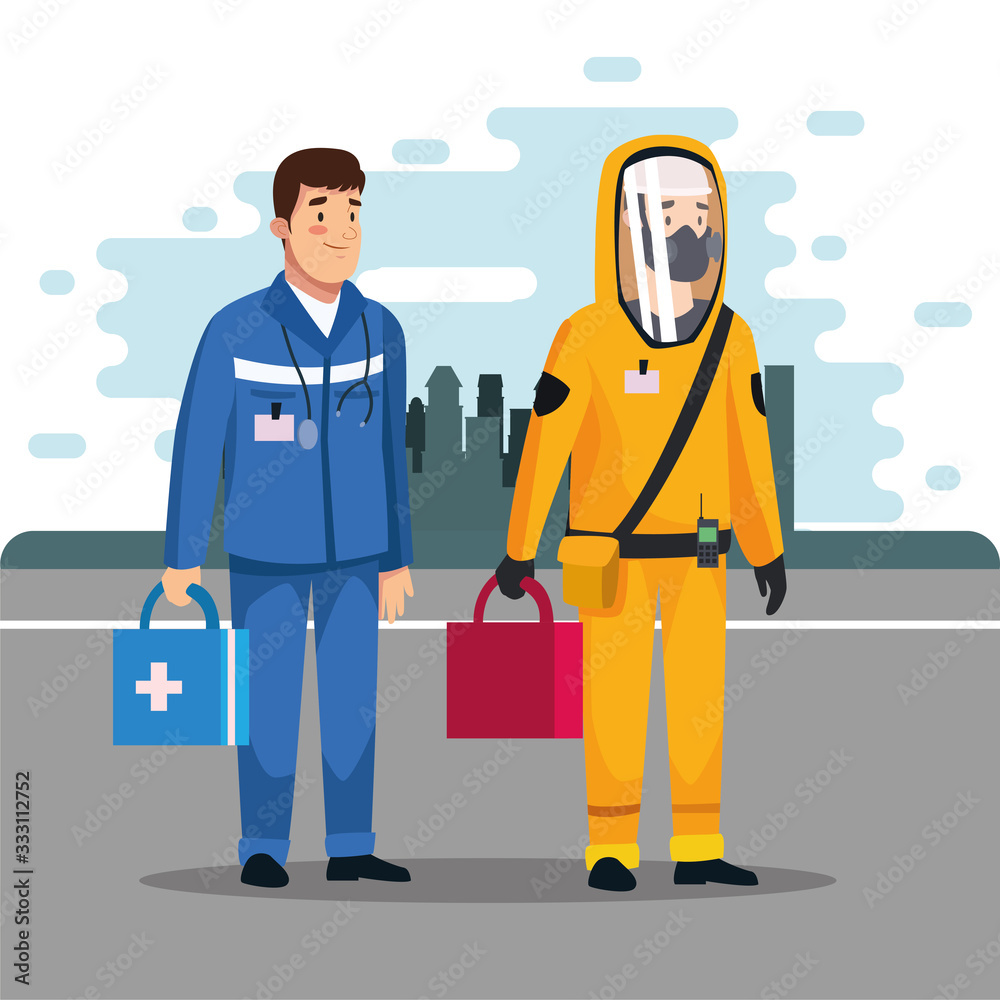 biohazard cleaning person with paramedic on the city