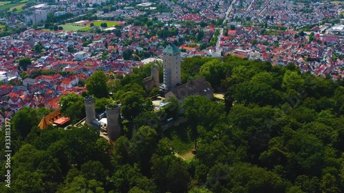 Aerial view of the castle Starkenburg beside Heppenheim in Germany. On a sunny day in Summer. photo