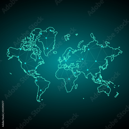 Abstract mesh line and point Scales on hexagon dark background with Map World. Wire frame 3D mesh polygonal network line  design sphere  dot and structure. Vector illustration eps 10. - Vector