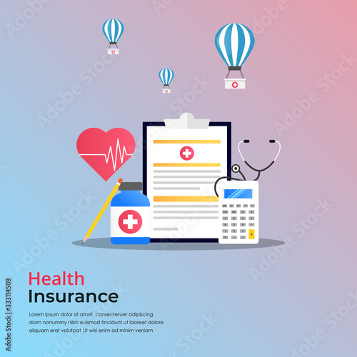 Health insurance concept. Medical research report vector with drugs, calculator, parachute symbol, flat medical record paper illustration. For landing page, internet, printing and mass media