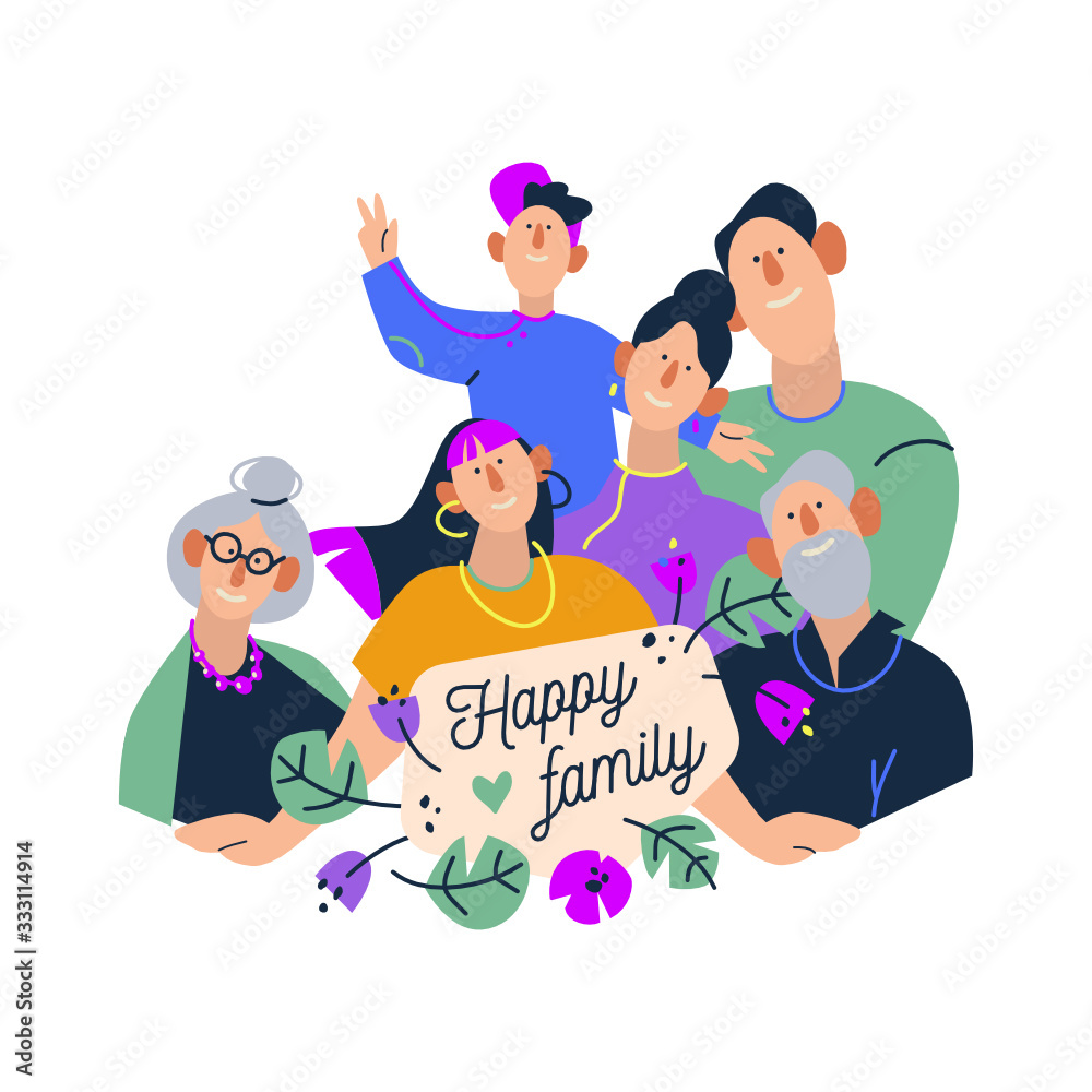 Happy family. Flat vector illustrations of families, parents with children and grandparents. Cartoon vector illustration on white background. Happy family. Flat vector illustrations of families, parents with children and grandparents. Cartoon vector illustration on white background.