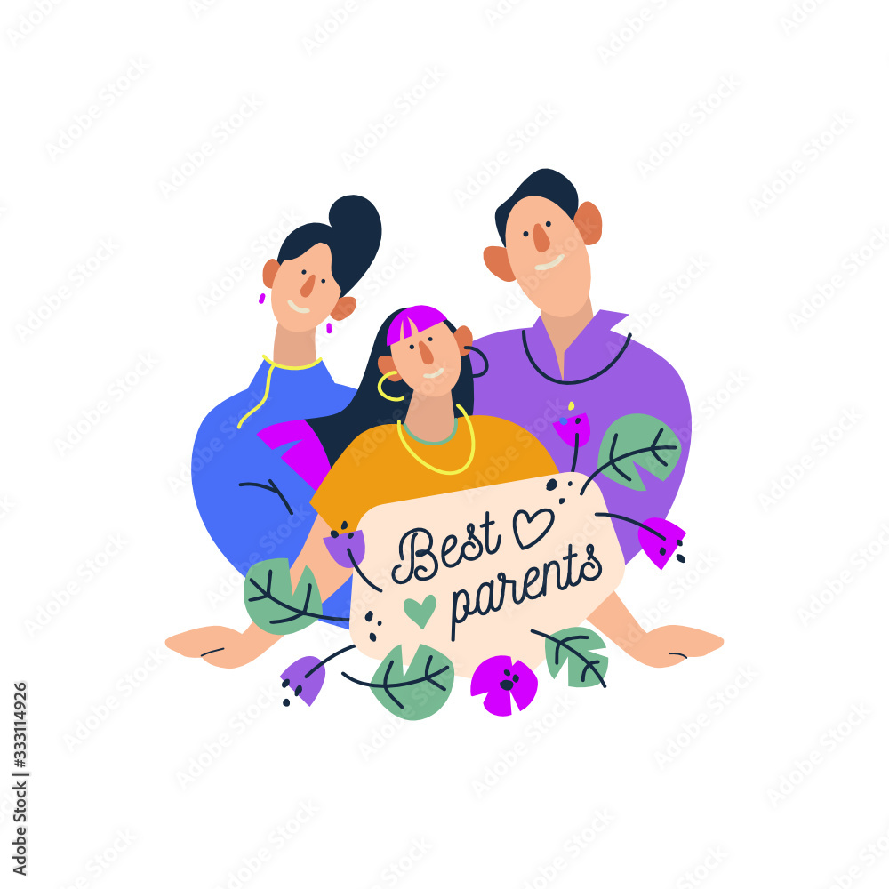 Best parents. Happy Family. Flat cartoon vector illustration on white background. Best parents. Happy Family. Flat cartoon vector illustration on white background.