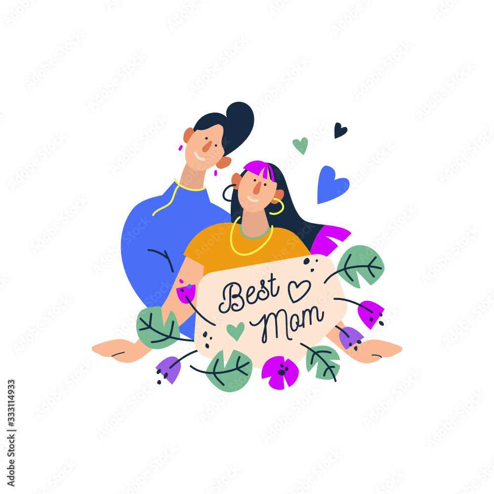 Obraz premium Vector cartoon style illustration of happy mother hugging daughter. Mother's day greeting card template on white background. Best mom text.