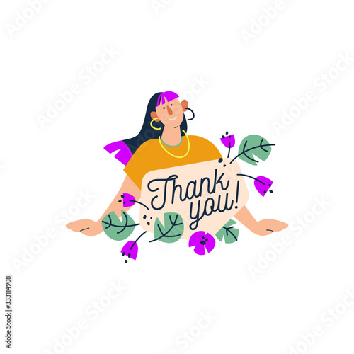 Cute cartoon girl with the text "Thank you!". Vector illustration isolated on white background.