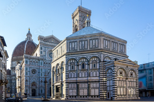 Cathedral of Santa Maria del Fiore and Baptistery of St. John Battistero of San Giovanni early morning at sunrise, Florence, Tuscany, Italy photo