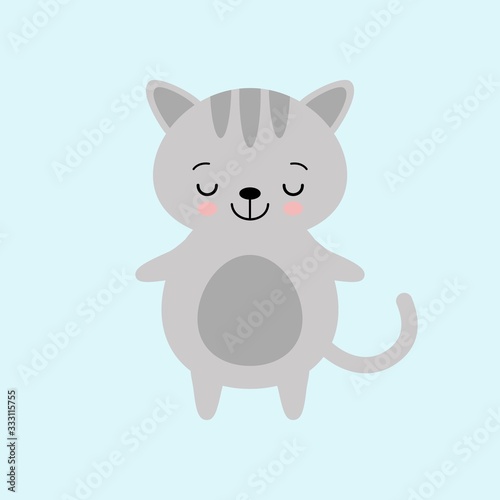 Cute kawaii gray cat cahracter. Children style, vector illustration. Sticker, isolated design element for kids books