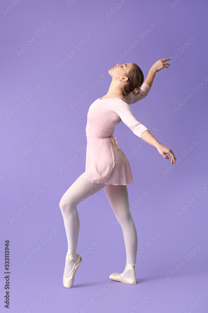 Beautiful young ballerina on color background