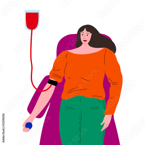 Blood donor and transfusion female character lying with donating bag. Vector illustration in flat cartoon style.
