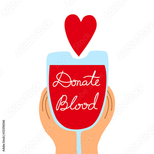 Blood donation bag with the red heart sign. Vector illustration in flat cartoon style.