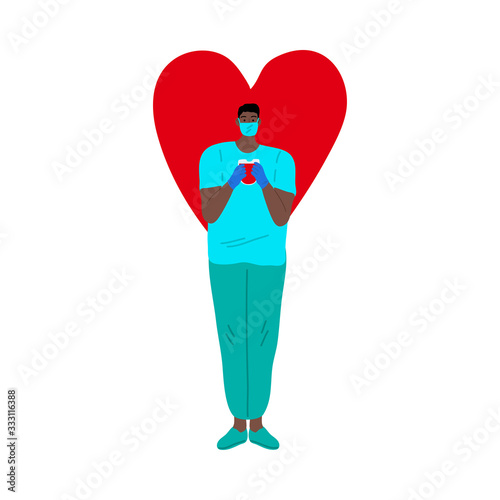 Nurse man in the blue mask with the blood donation bag concept. Big red heart sign behind. Vector illustration in flat cartoon style.