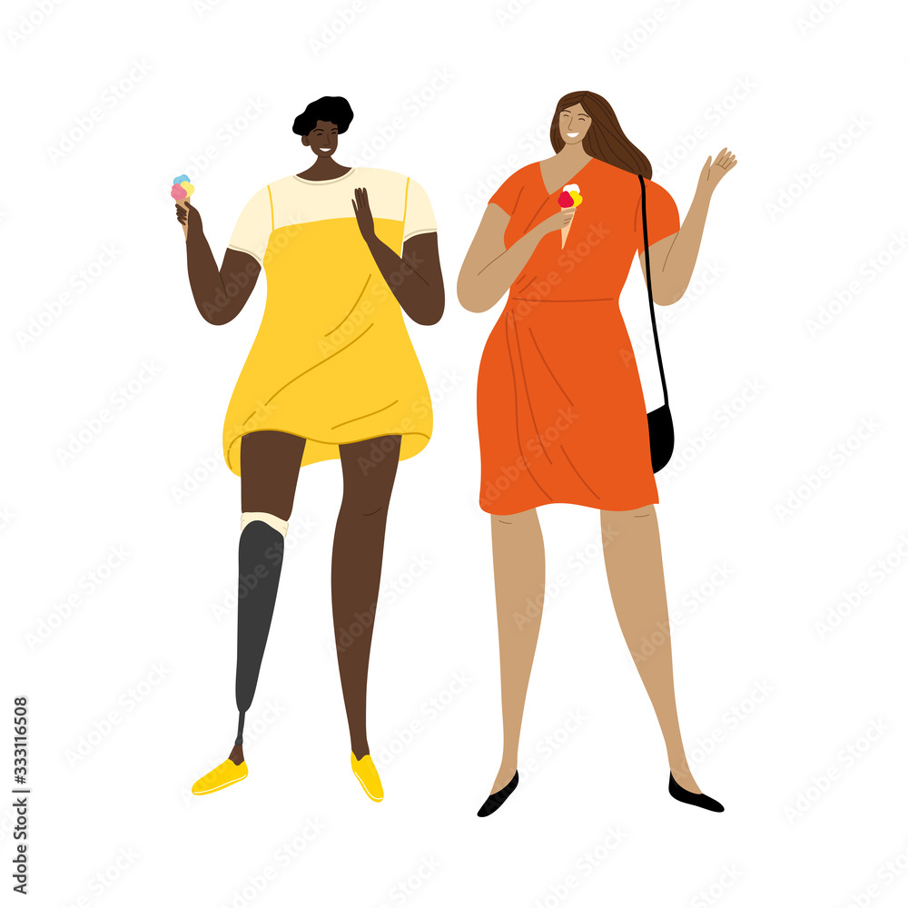 Girl with prosthetic leg eating ice cream with her friend. Vector illustration in flat cartoon style. Girl with prosthetic leg eating ice cream with her friend. Vector illustration in flat cartoon style.