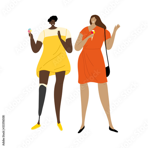 Girl with prosthetic leg eating ice cream with her friend. Vector illustration in flat cartoon style.