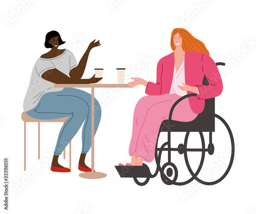 Happy smiling disabled girl in pink clothes sitting in a wheelchair with her friend. Vector illustration in flat cartoon style.