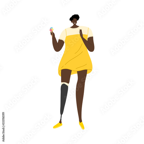 Girl in yellow dress with prosthetic leg eating ice cream. Vector illustration in flat cartoon style.