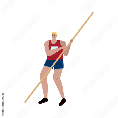 Pole vaulting athlete in red t-shirt preparing for a jump. Vector illustration in the flat cartoon style